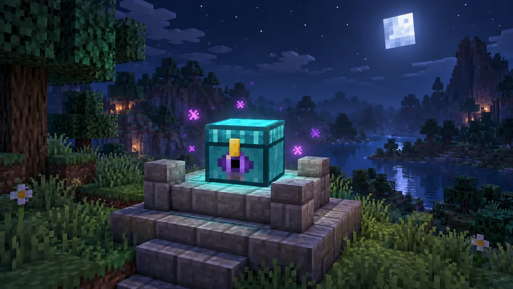 Artwork of a sky-blue ender chest on a stone pedestal on a hill at night, surrounded by purple sparkles (not an in-game screenshot)