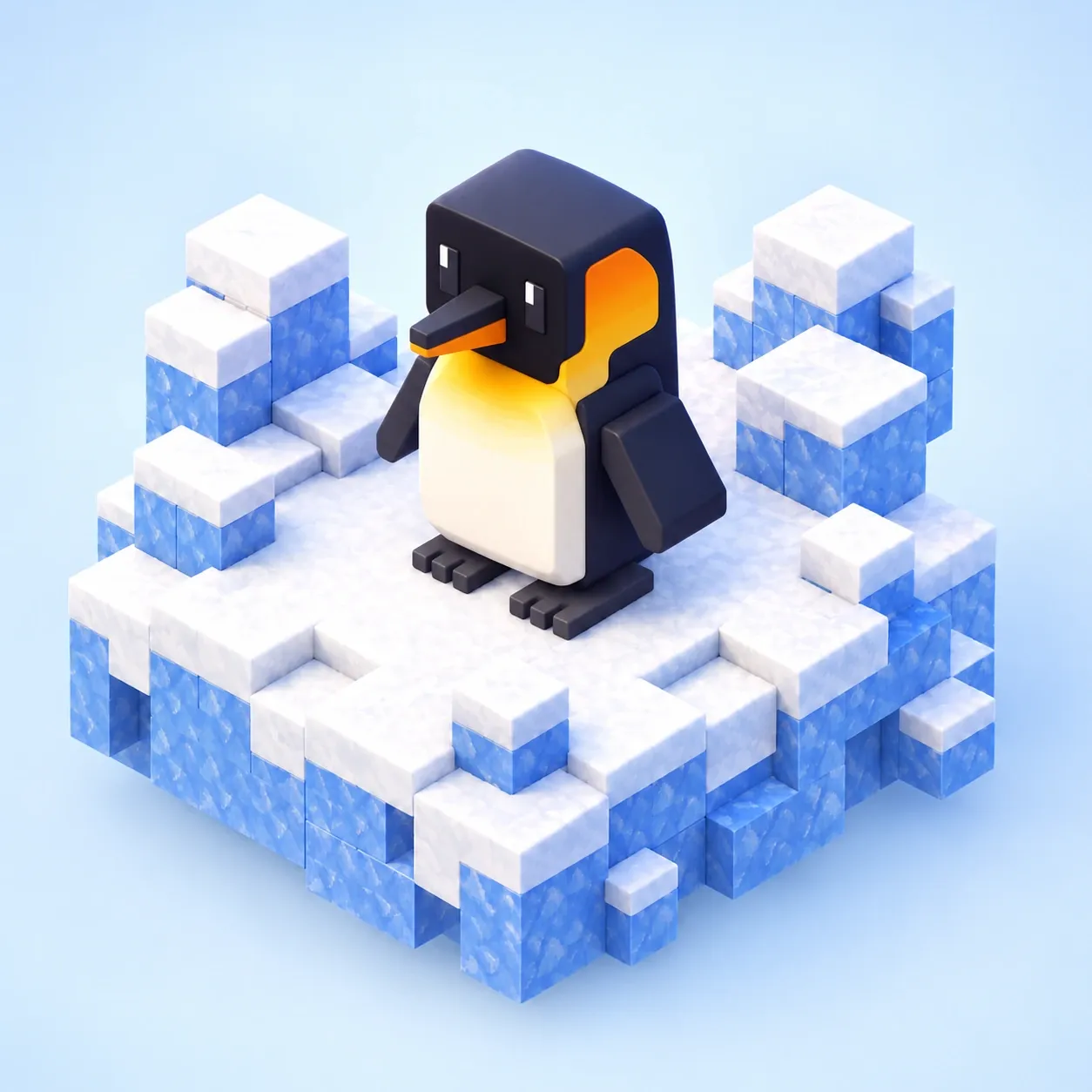 氷雪のブロックの島に立つ、頭にオレンジの模様、胸が黄色く、くちばしが黒い四角いペンギン