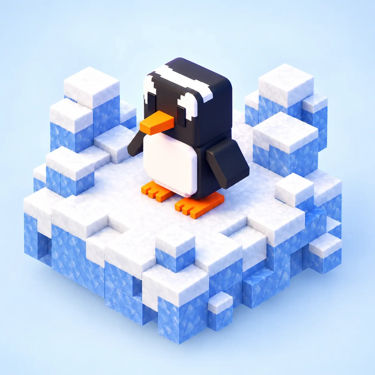 氷雪のブロックの島に立つ、目の上に白い帯のある、黒い頭の四角いペンギン