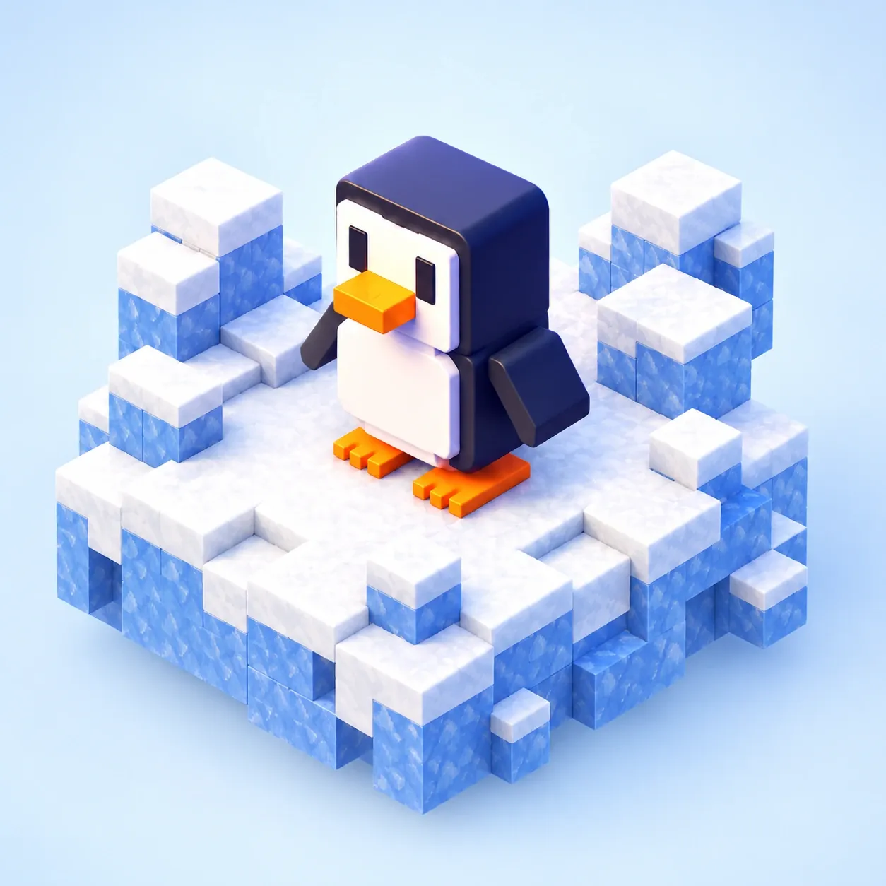 氷雪のブロックの島に立つ、黒い頭と白いお腹、オレンジのくちばしの四角いペンギン「PENZO」