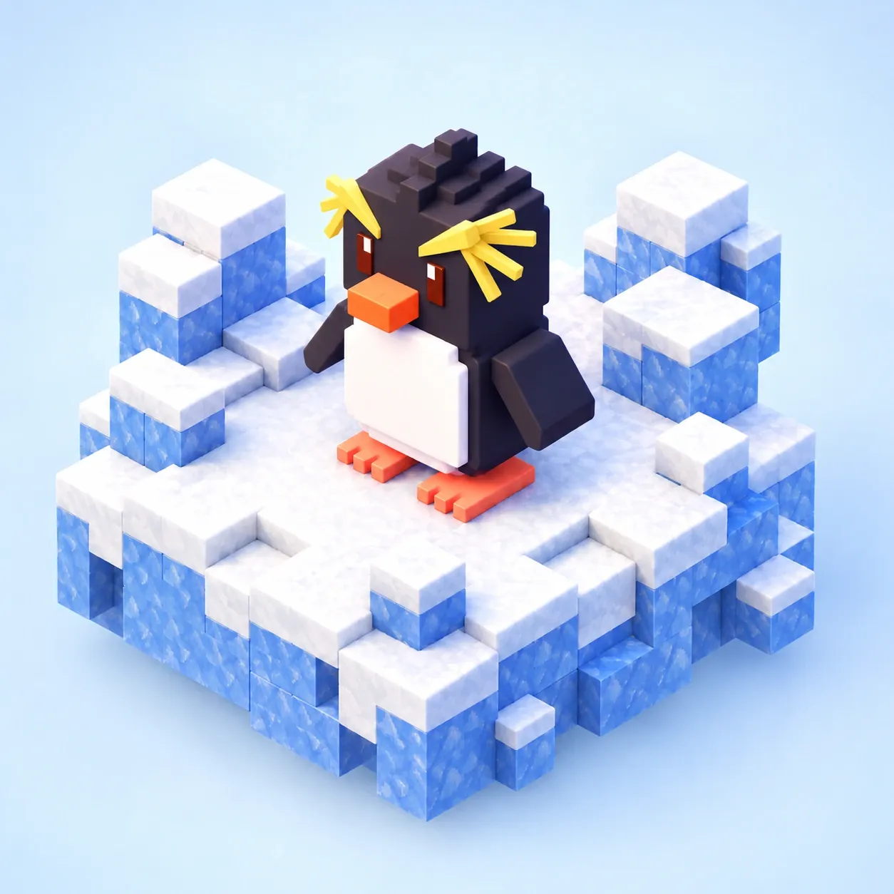 氷雪のブロックの島に立つ、黄色い冠羽と赤い目の、黒い頭の四角いペンギン
